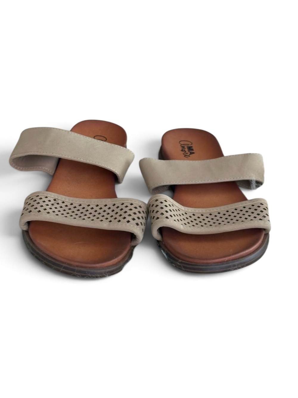NWOT MIA Taupe Double-Strap Perforated Slide Sandals